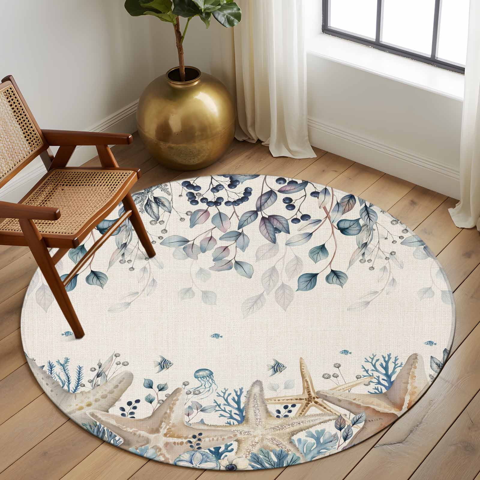 Round Rugs 6Ft, Blue Beige Coastal Round Area Rug Washable Indoor Throw Carpet, Beach Starfish Summer Eucalyptus Rustic Soft Non Slip Circle Rug for Office Cabinet Home Decor Aesthetic