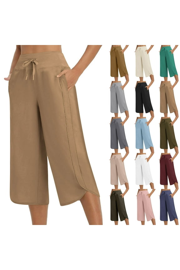 Gifts for Girls! Women's Wide Leg Capri Pants High Waisted Dressy Yoga Pants Quick Dry Workout Cropped Trousers Loose Comfy Travel Pants White L