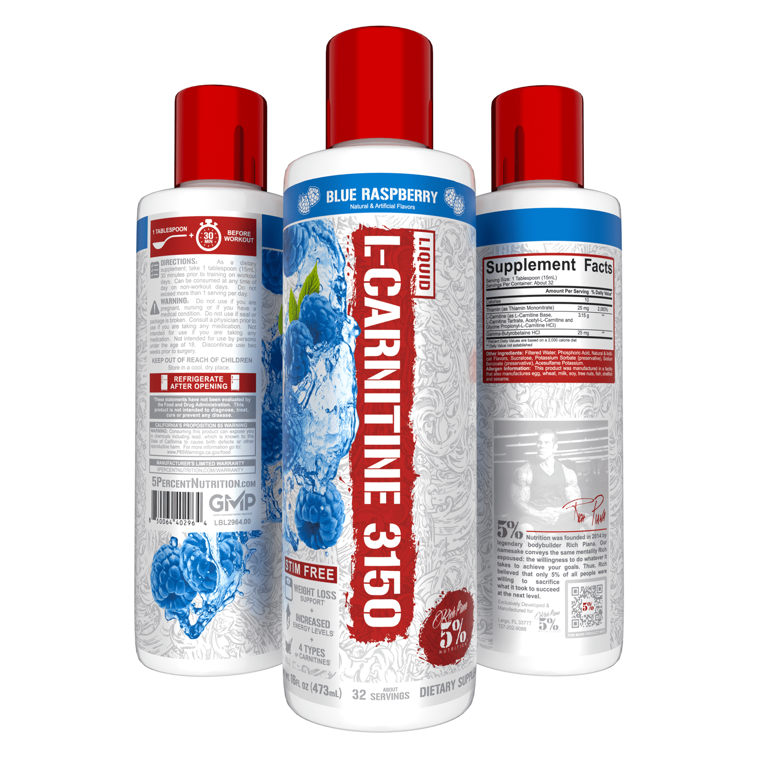 5% Nutrition Rich Piana Liquid L-Carnitine 3150 4 Source Blend with GBB (Blue Raspberry)