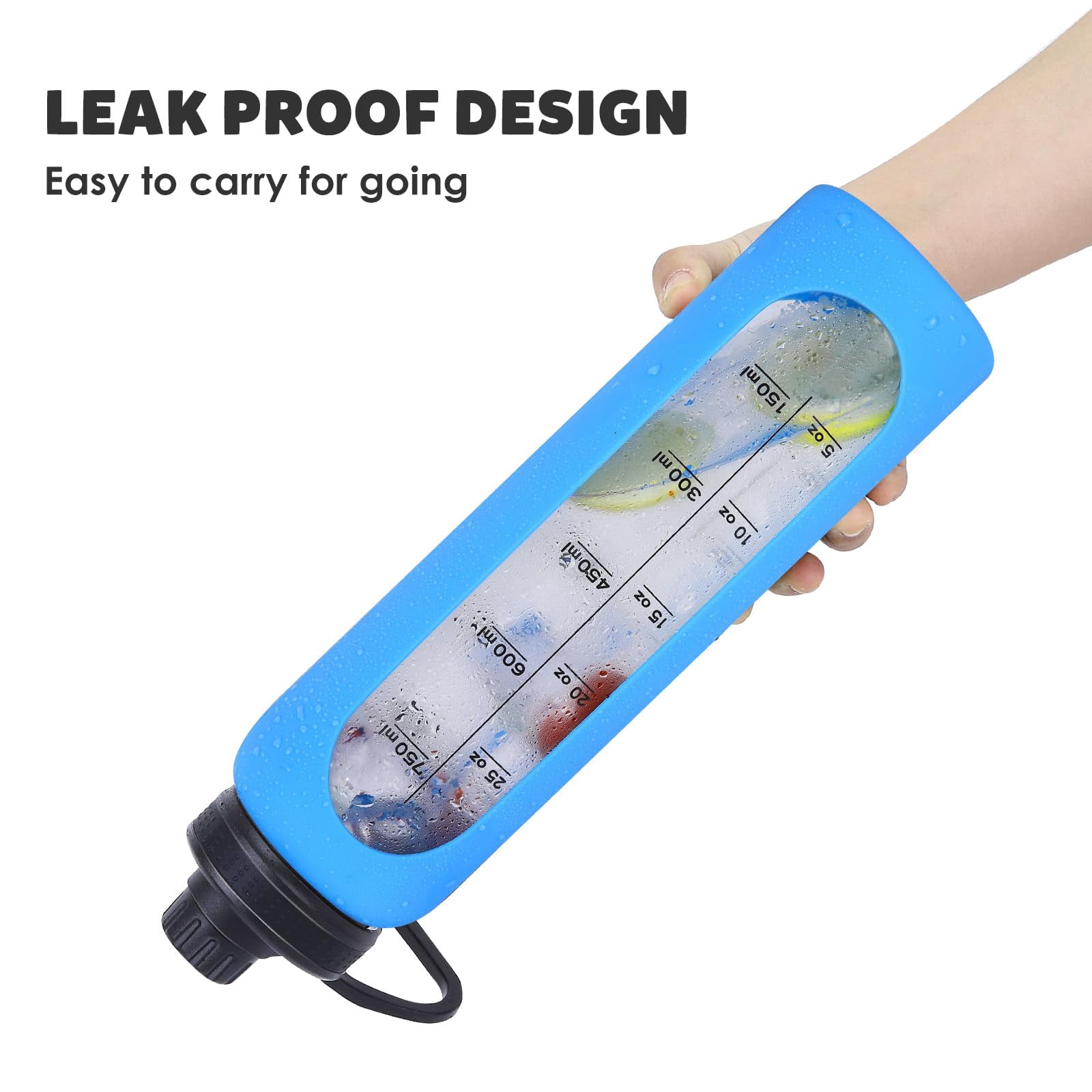 Glass Water Bottles 32oz with Silicone Sleeve Drinking Hydration Bottles Reusable Borosilicate Wide Mouth Motivational Water Flask Canteen with Time Marker Spout Lid and Brush
