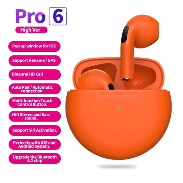 Auriculares inalámbricos TWS Pro6 con Bluetooth, cascos deportivos estéreo resistentes al agua con micrófono y caja de carga