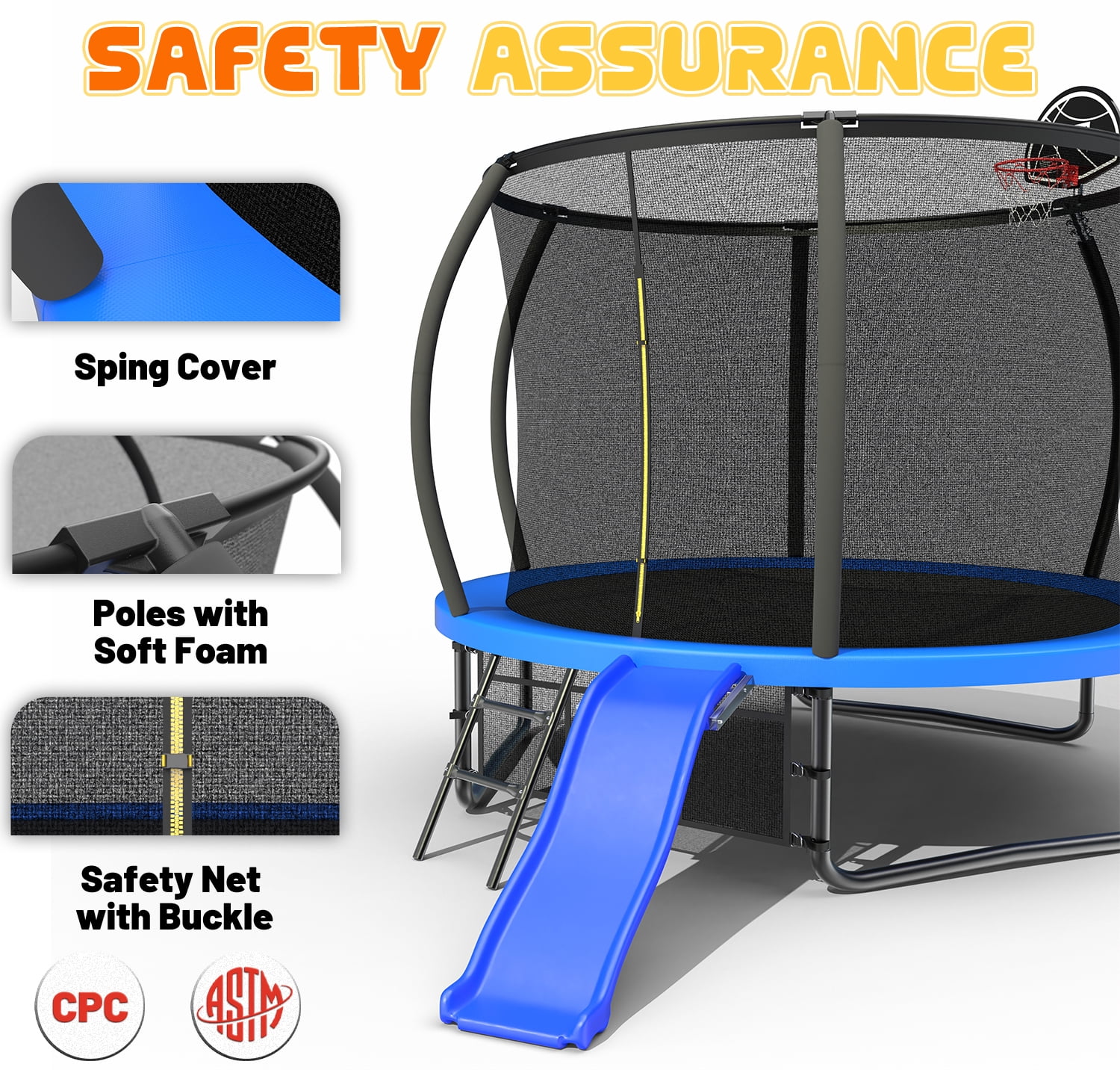 Mersco 10FT Heavy Duty Backyard Trampoline with Enclosure Net, Slide and Basketball Hoop , Ideal Birthday and Holiday Gift,Blue