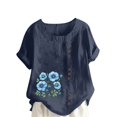thumbnail image 3 of DDAPJ pyju Linen Tops for Women Short Sleeve Floral Print Tshirts Loose Fit Round Neck Casual Dressy Blouse Lightning Sales Navy M, 3 of 5