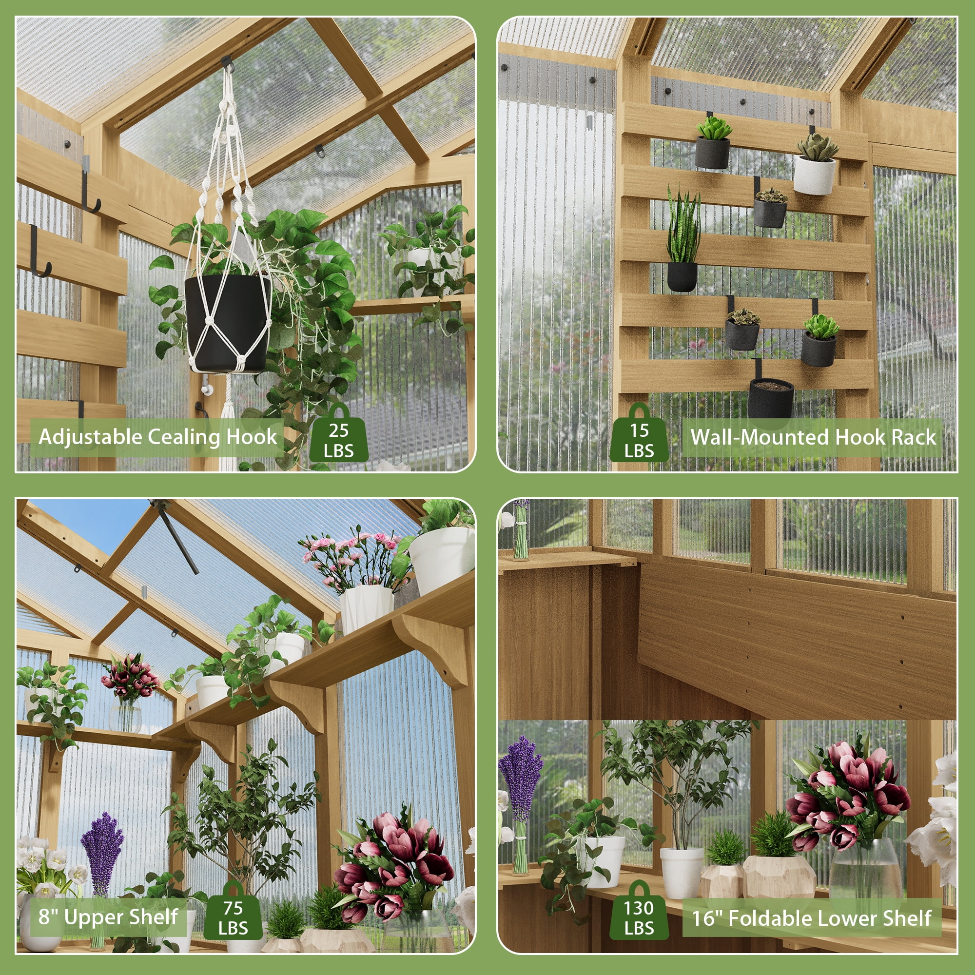 MeetLeisure 6.8 x 7.8 ft Solid Wood and Polycarbonate Walk-In Greenhouse, Spruce Wood Framed Hobby Greenhouse with Roof Vent, Horticultural Greenhouse with Automatic Vent Window, Natural