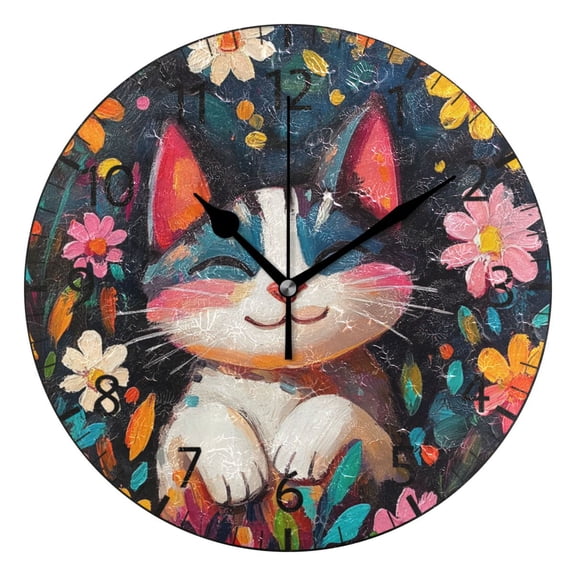 YAZAOO Decorative Wall Clock Size：25cm Colorful Cat Surrounded by Flowers Design Pattern Clock