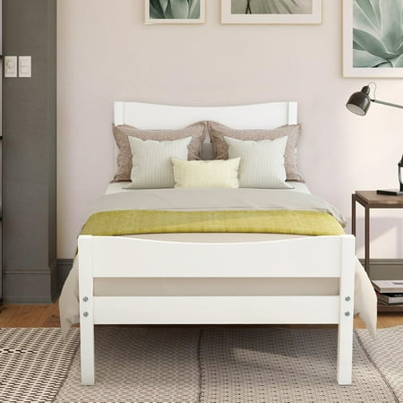 SYNGAR Twin Bed Frame for Kids  Solid Pine Wood Platform Bed with Headboard and Footboard for Boys Girls Teens  No Box Spring Needed  White  LJ818
