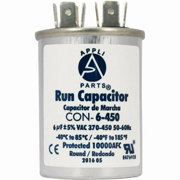 Appli Parts Run Capacitor for ac 6 Mfd uF (microfarads) 370 VAC or 450 VAC CBB65 Round Universal fit for hvac and other applications 2-1/2 in High 1-1/2 in Wide CON-6-450