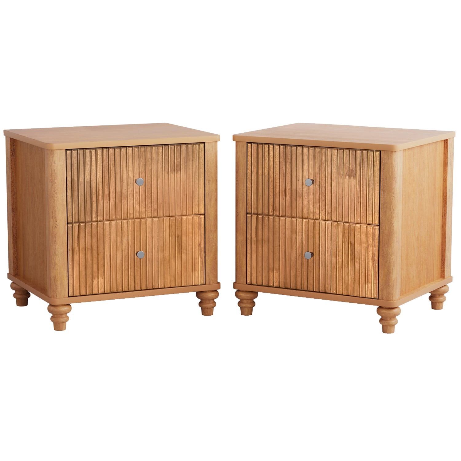 Hommoo Mid Century Modern Wooden Fluted Nightstand Set of 2, 21.65" Wide Bedside End Table Side Table with 3 Drawers and Metal Handle, for Bedroom, Living Room, Closet, Natural
