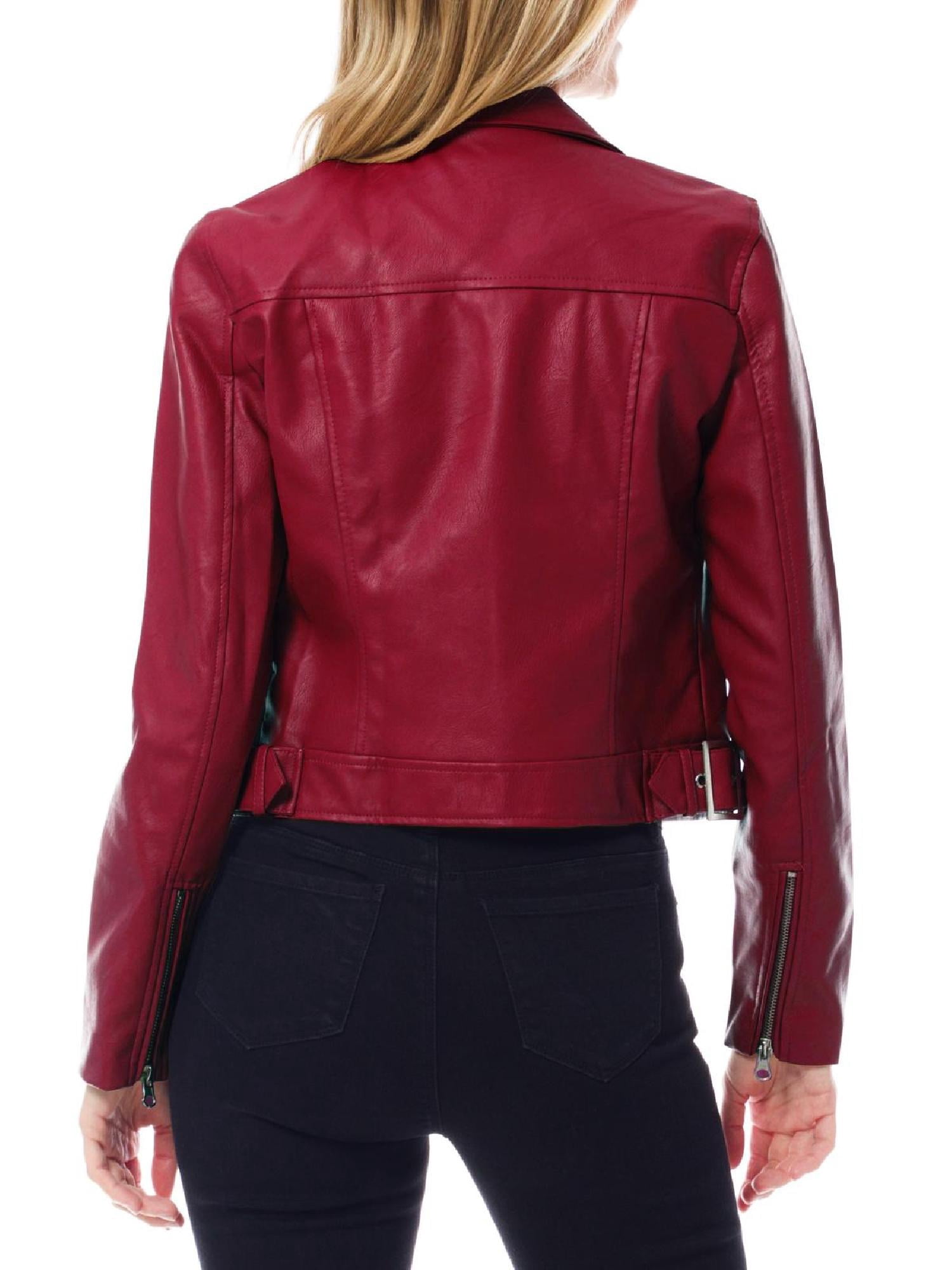 MixMatchy Women's Faux Leather Long Sleeve Zipper Closure Moto Biker Short Coat Jacket