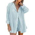 thumbnail image 1 of Kmbangi Women Two-piece Pants Suit Solid Color Long Sleeve Blouse and Drawstring Elastic Waist Shorts, 1 of 5