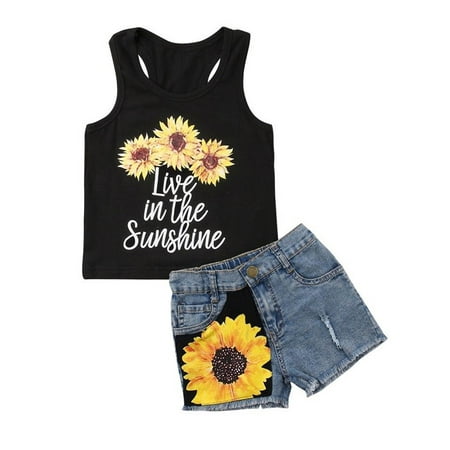 

2Pcs Toddler Kids Baby Girl Summer Clothes Live in The Sunshine Sunflower Vest Tank Tops+Denim Short Pants Outfit Set