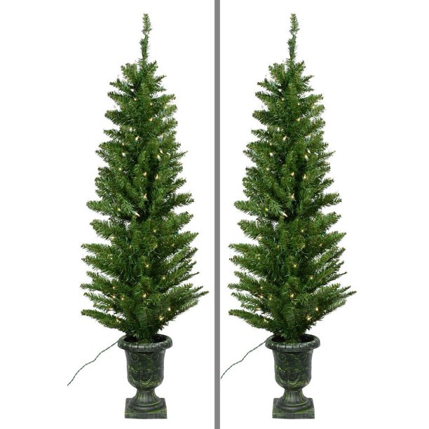 Set of Two 4.5 Feet High Prelit Entryway Pine Trees in Pot