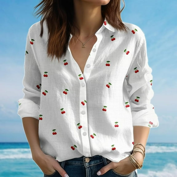 Cherry Blouse Shirt For Women, Cute Fruit Casual Shirt, Soft Spring Summer Shirt, Retro Picnic Shirt, Button Down Shirt For Vacation Trip, Gift For Her