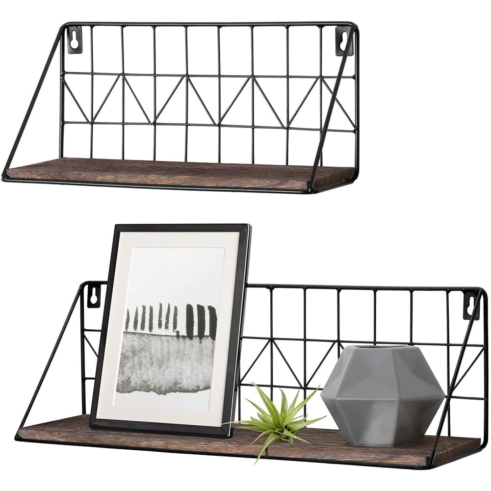 Veryke 2 PCS Industrial Wall Shelf Sets, Vintage Floating Display Shelf with Metal Wire Brown