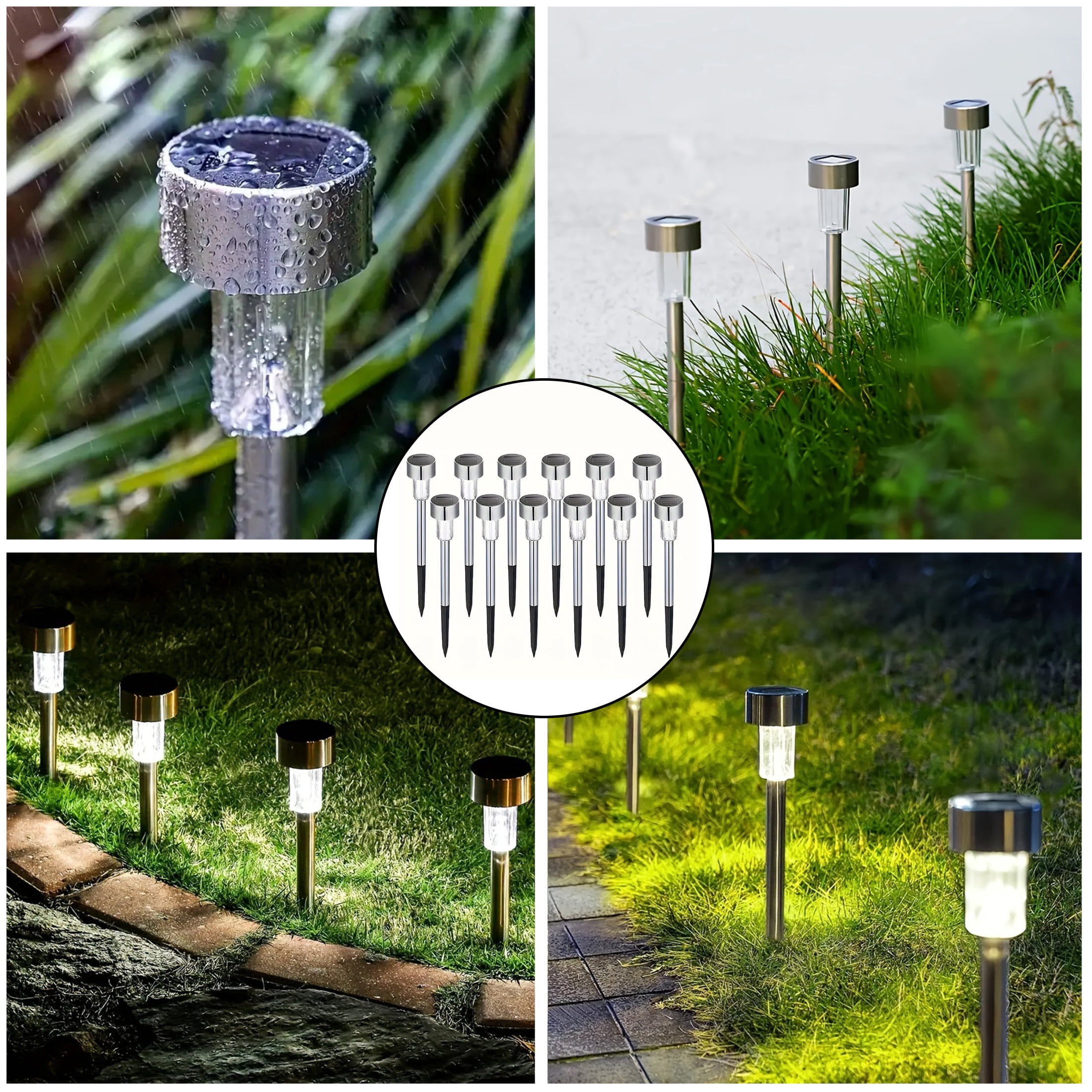12 pack Solar Pathway Lights , White LED Outdoor Solar Lights IP44 , 11.61" Stainless Steel Garden Stake Lights for Yard, Patio, Driveway