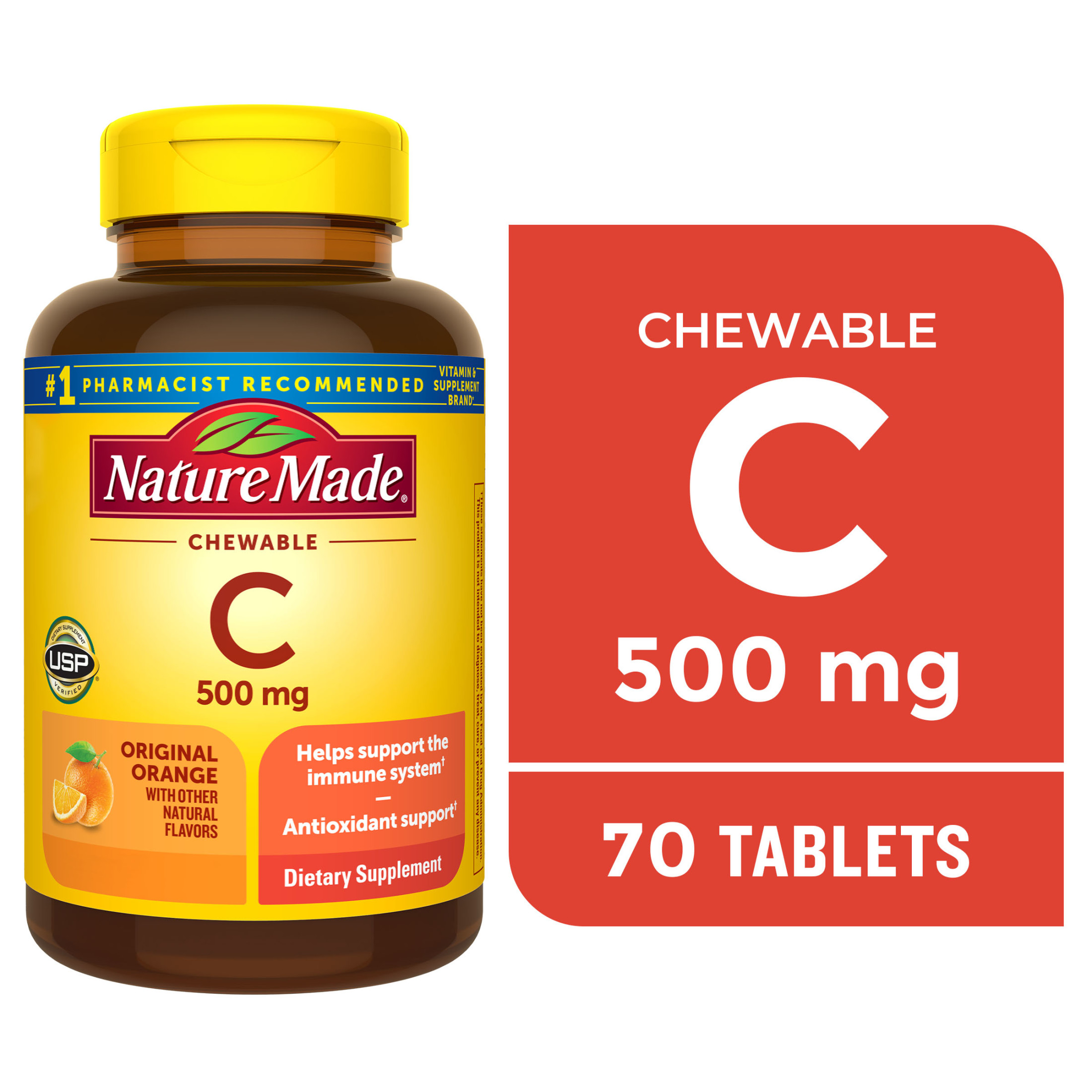 Nature Made Chewable Vitamin C 500 mg Tablets, Dietary Supplement, 70 Count