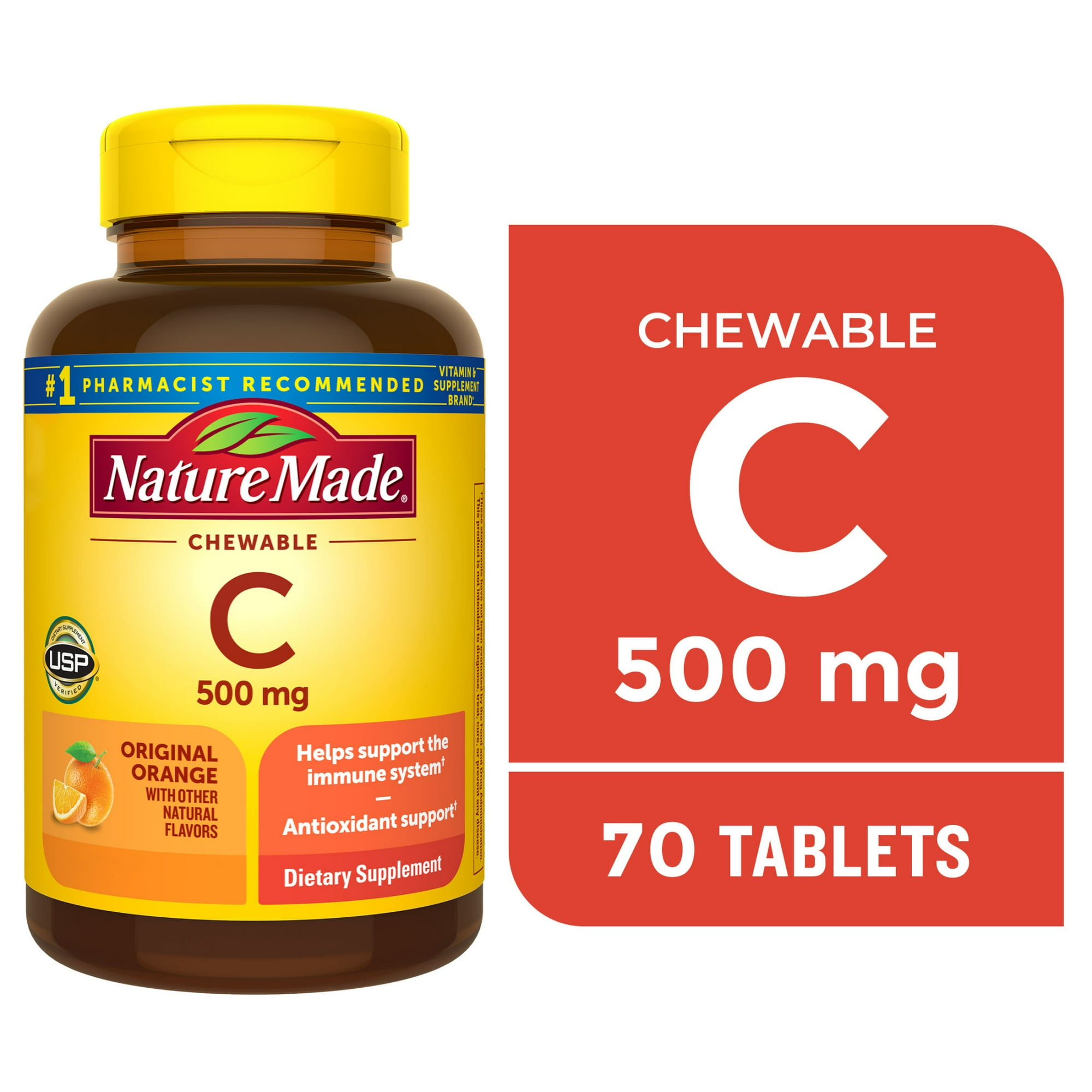 Nature Made Chewable Vitamin C 500 mg Tablets, Dietary Supplement for Immune Support, 70 Ct