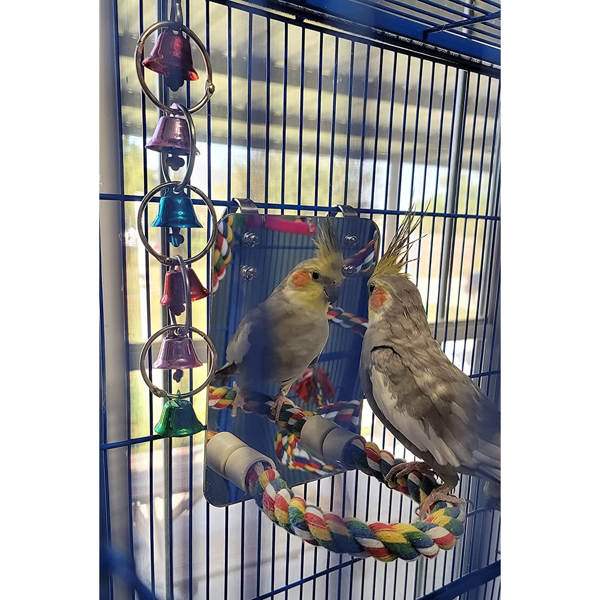 7" Bird Mirror with Rope Perch Bird Toys Swing, Comfy Perch for Greys Amazons Parakeet Cockatiel Conure Lovebirds Finch Canaries