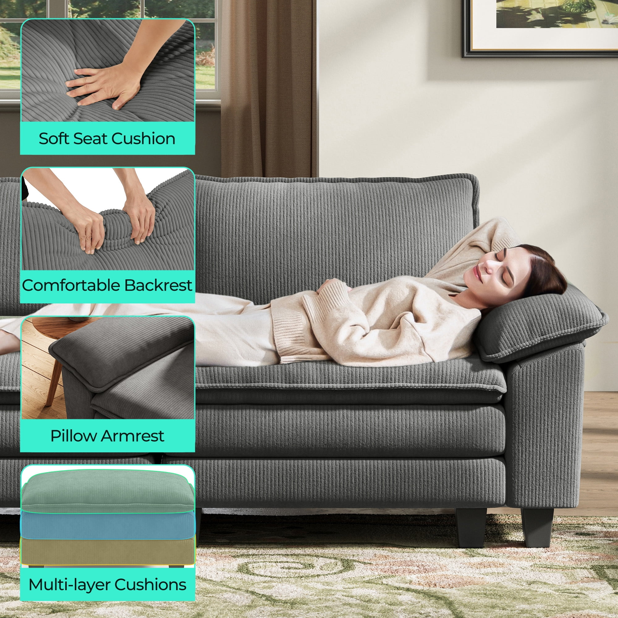 Linsy Home 153" Cloud Modular Sectional Sofa for Living Room, V-Shaped Cloud Sofa Couch with Corduroy Fabric, 5 Seat Oversized Couch with Corner Seat&Movable Ottoman, Grey