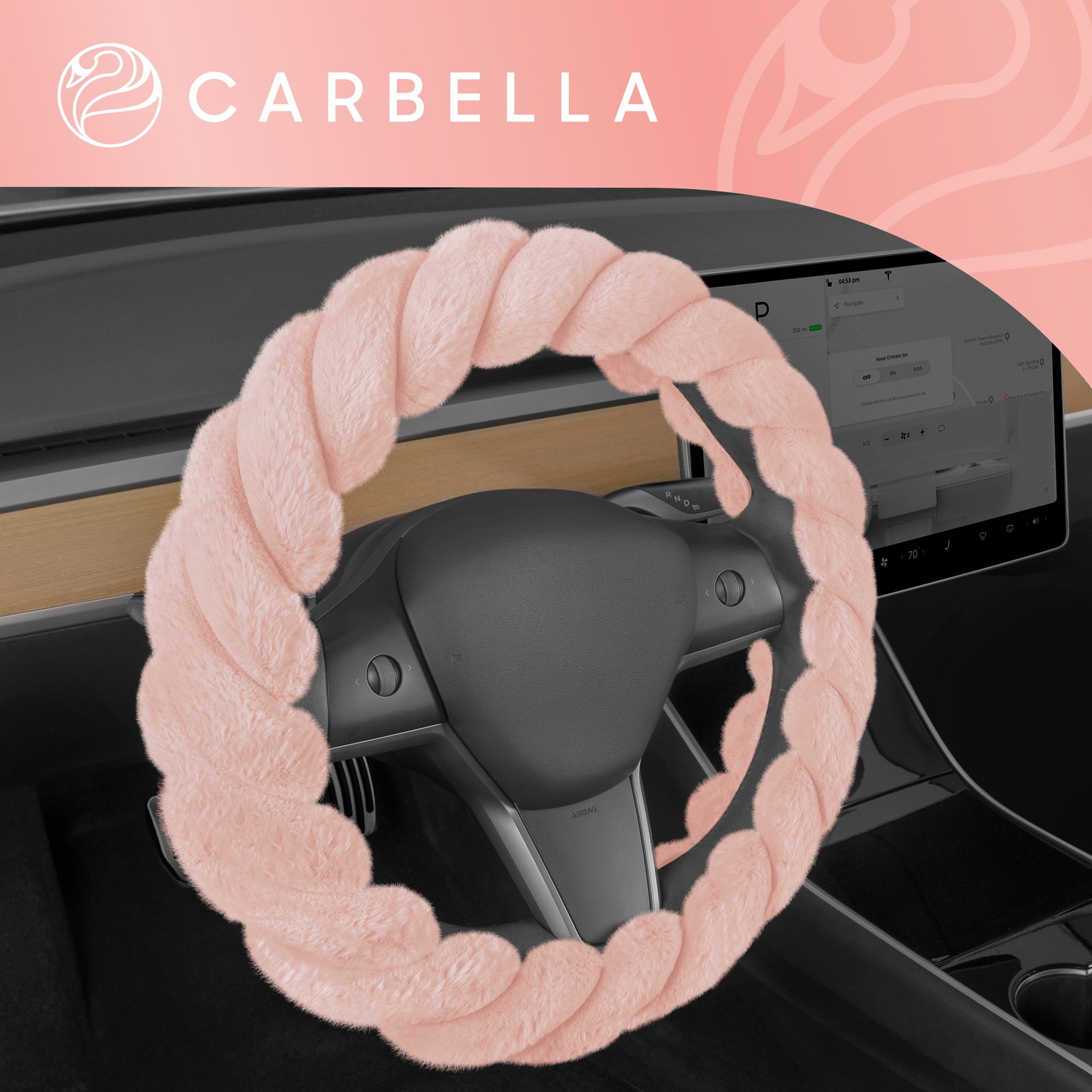 Carbella Twisted Fur Soft Pink Steering Wheel Cover, Standard 15 Inch