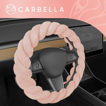 Carbella Twisted Fur Soft Pink Steering Wheel Cover, Standard 15 Inch Size Fits Most Vehicles, Fuzzy Fluffy Car Steering Cover with Soft Faux Fur Touch