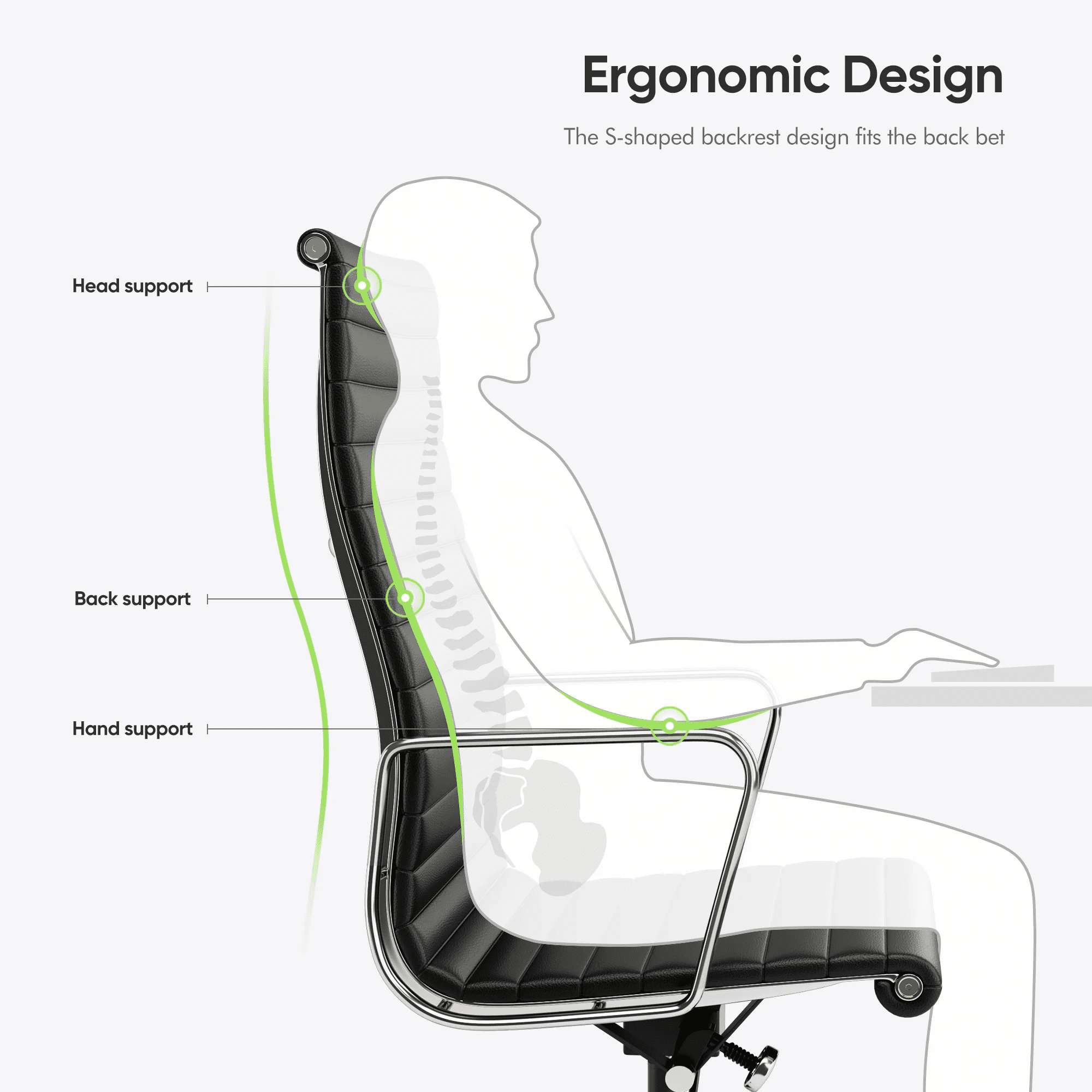 Cottinch Ribbed Office Chair High Back Genuine Leather Ergonomic Desk Chair with Arms, Adjustable Height Executive Conference Task Chair Swivel Chair for Home Office, Black