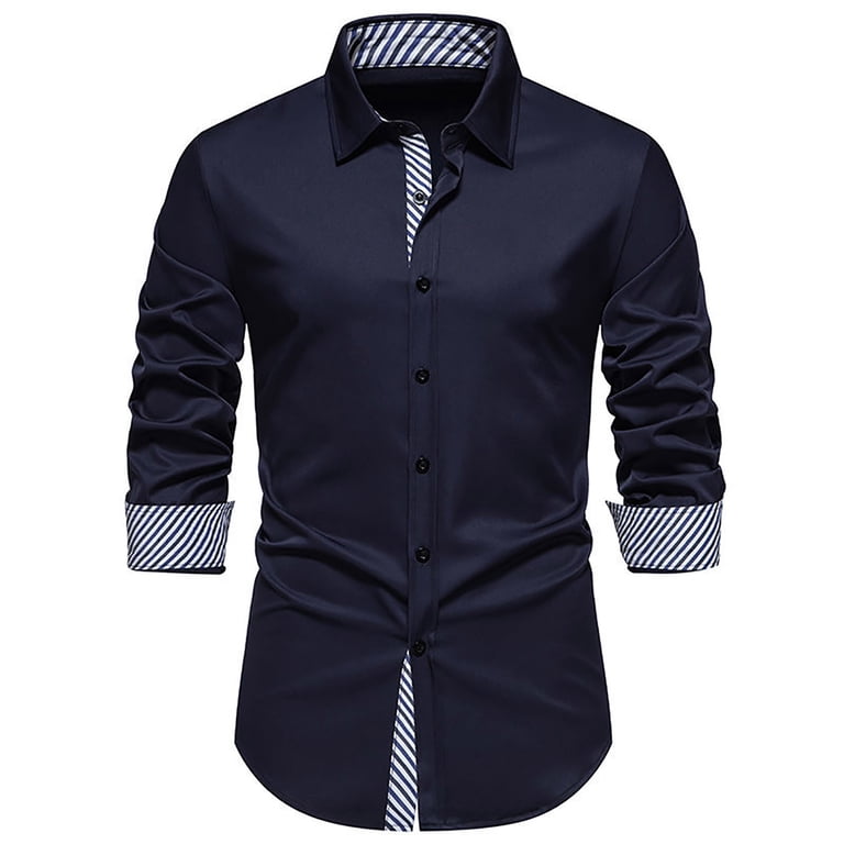 Vsssj Mens Business Dress Shirts Long Sleeve Casual Button Down Shirt Regular Fit Striped Collar Contrast Wedding Formal Shirt Navy XXL