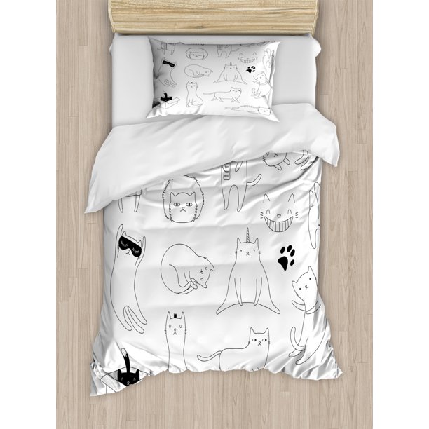 Cats Duvet Cover Set Twin Size, Cat Scribbles Cute Lovers in a Box