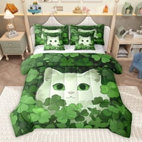 Homewish Cartoon Kitten Cat Bedding Comforter Set 7 Pieces for Kid, Lucky Shamrock Botanical Full Bedding Set, Cute Animal Lover Reversible Fitted Sheet Flat Sheet, Lightweight Room Decor