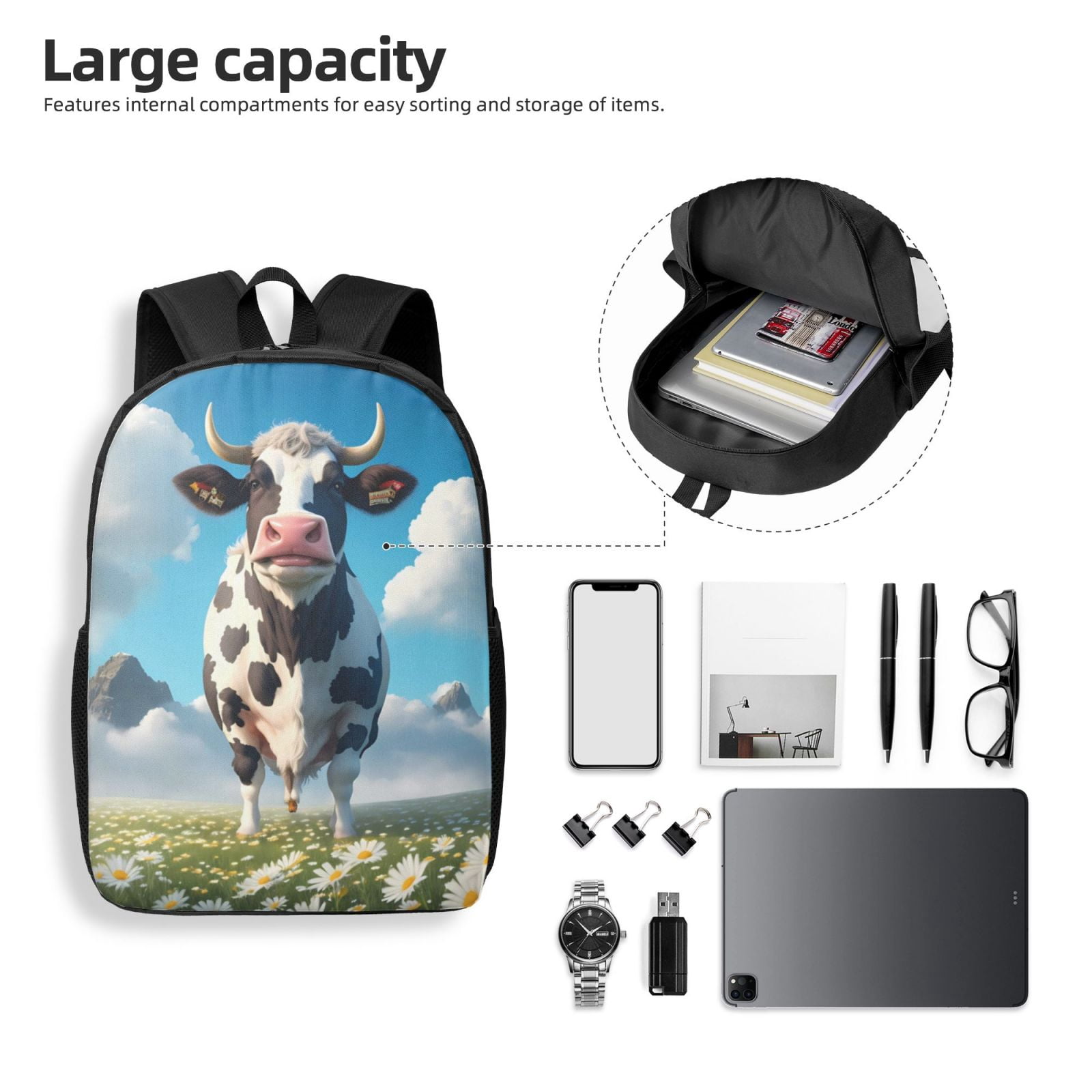 Xecao Cute Daisy Cow A print Travel Backpack, Large Computer Backpack for Men Women, College School Rucksack Book Bag