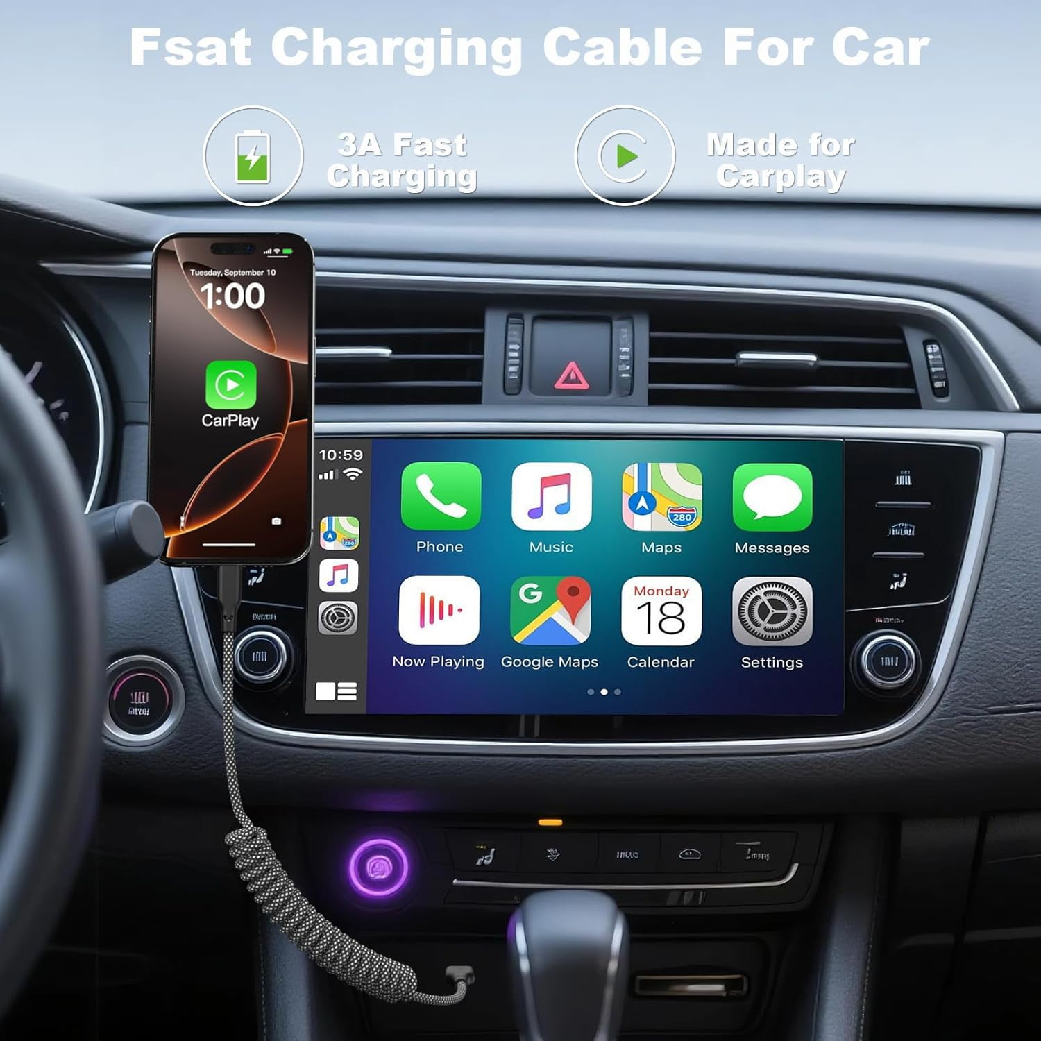 Coiled Carplay Car Charger Fast Charging，[2-Pack, 3ft] Retractable Braid USB A to USB C Cable for iPhone 17/17 Air/16/15/Plus/Pro Max/MacBook Pro, USB C Cord,Grey