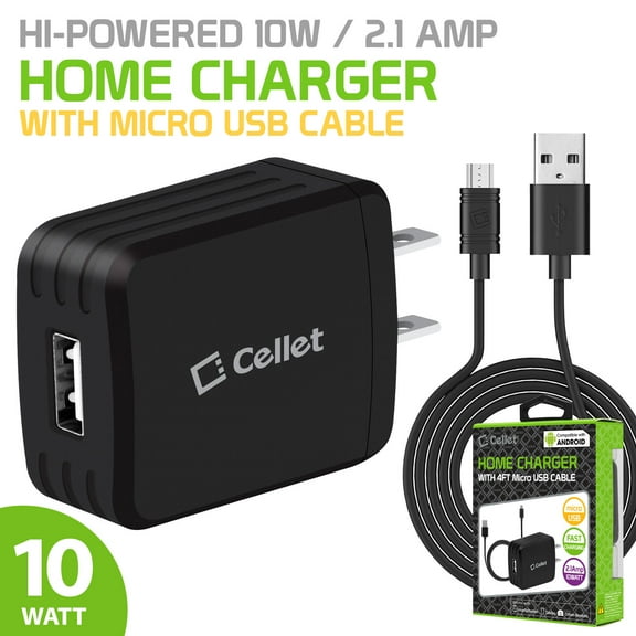 Cellet High-Powered 10-Watt / 2.1-Amp Home Charger (microUSB cable included), Black - Compatible with Apple iPhone, Samsung Galaxy, Google Pixel (Apple cables not included)