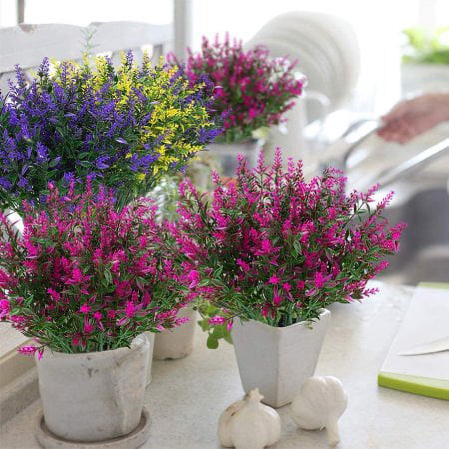 Baumaty 8 Bundles Outdoor Artificial Lavender Fake Flowers UV Resistant Shrubs, Faux Plastic Greenery for Indoor Outside Hanging Plants Garden Porch Window Box Home Wedding Farmhouse Decor (Fuchsia)
