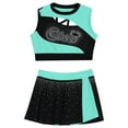 thumbnail image 4 of Doomiva Kids Girls 2 Piece School Cheerleading Uniform Outfit Shiny Sleeveless Crop Top with Skirt Set Cheer Fancy Dress Blue Green 16, 4 of 6