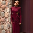 thumbnail image 6 of Women'S Elegant Slim-Fit Long Dress with High Neck, Long Sleeves & Pleated Backless Detail Wine Red L, 6 of 9