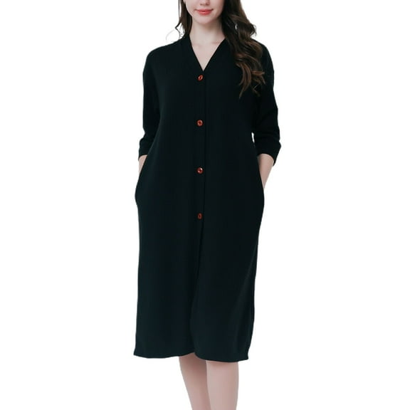 Defitshape Women's Soft House Coat Button Up Robe Housedress Button 3/4 Sleeve Pocket V Neck Knee Length Nightgown Black Large-X-Large