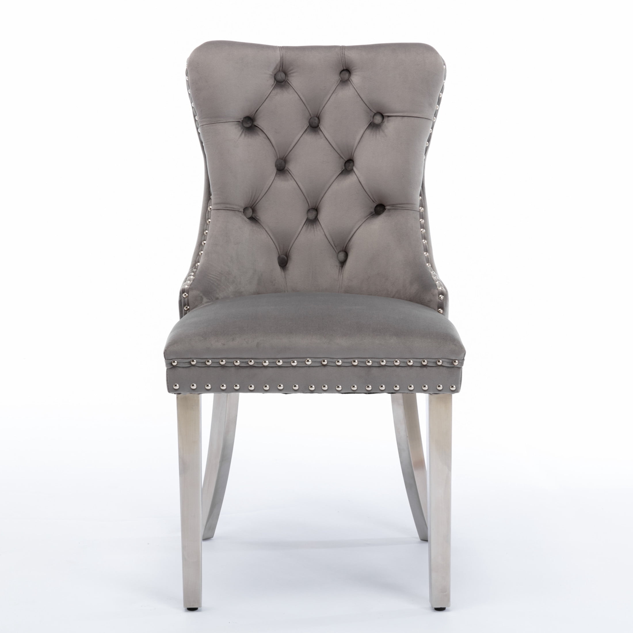 Noble House Tufted Velvet Dining Chair, Nailhead Trim, Stainless Steel Legs, Gray + Chrome