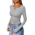 thumbnail image 2 of Women's Long Sleeve Shirts Henley Casual Fall Outfits Fitted Tops Ribbed Fashion Basic Tees Gray XL, 2 of 8