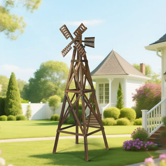 UBesGoo 6.9' Cross Lattice Wooden Windmil Garden Decor for Yard, Wooden Windmill for Patios, Brown