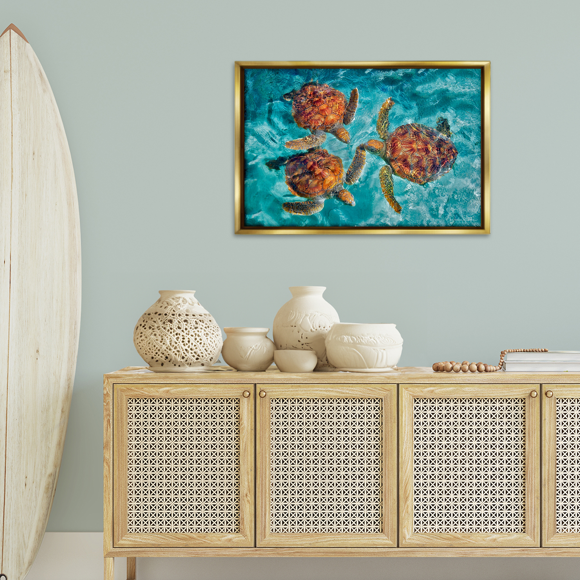 Stupell Industries Swimming Tortoise Trio Animals & Insects Painting Gold Floater Framed Canvas Art Print Wall Art, 31 x 21