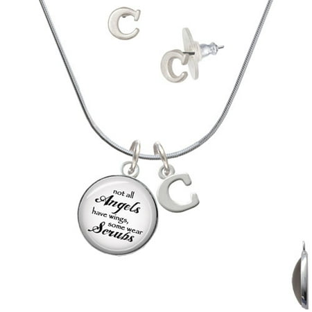 Right Angle Stud - Domed Angels Wear Scrubs - C Initial Charm Necklace and Stud Earrings Jewelry Set