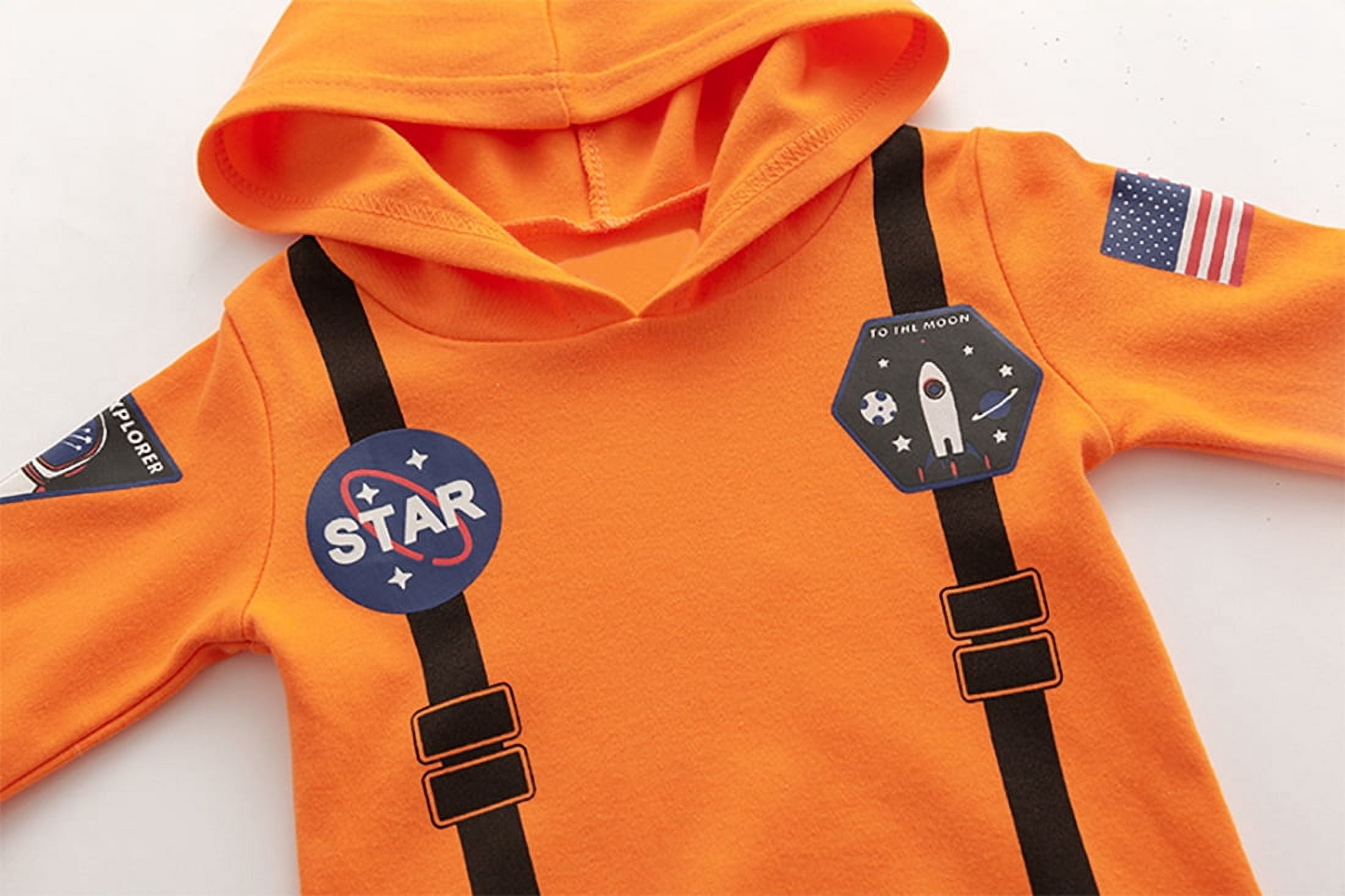 StylesILove Baby Toddler Boy Long Sleeve Astronaut Cotton Onesie Hooded Romper Cosplay Party Halloween Jumpsuit Outfit (24 Months, Orange - Long Sleeve)