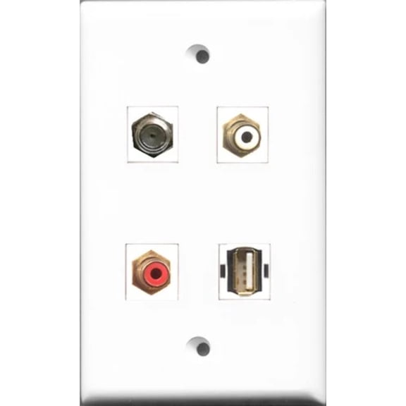 RiteAV 1 Port RCA Red and 1 Port RCA White and 1 Port Coax Cable TV- F-Type and 1 Port USB A-A Wall Plate