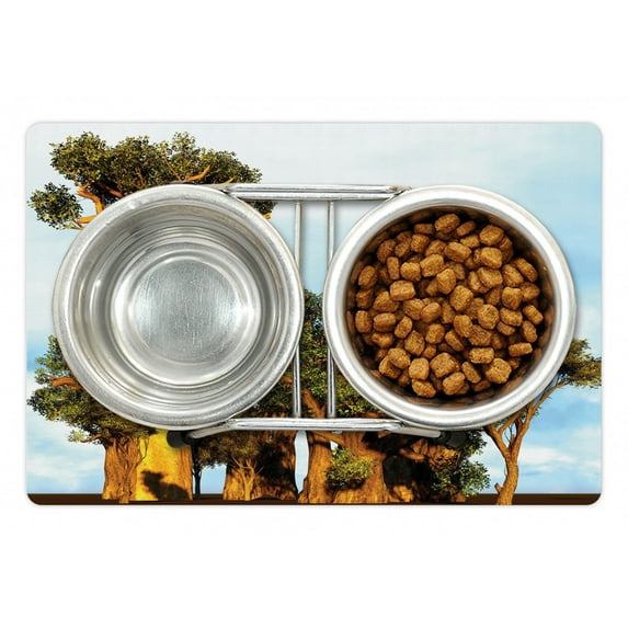 Exotic Pet Mat for Food and Water, Baobab Trees Oriental Flora Photography Indigenous Plants, Non-Slip Rubber Mat for Dogs and Cats, 18" X 12", by Ambesonne