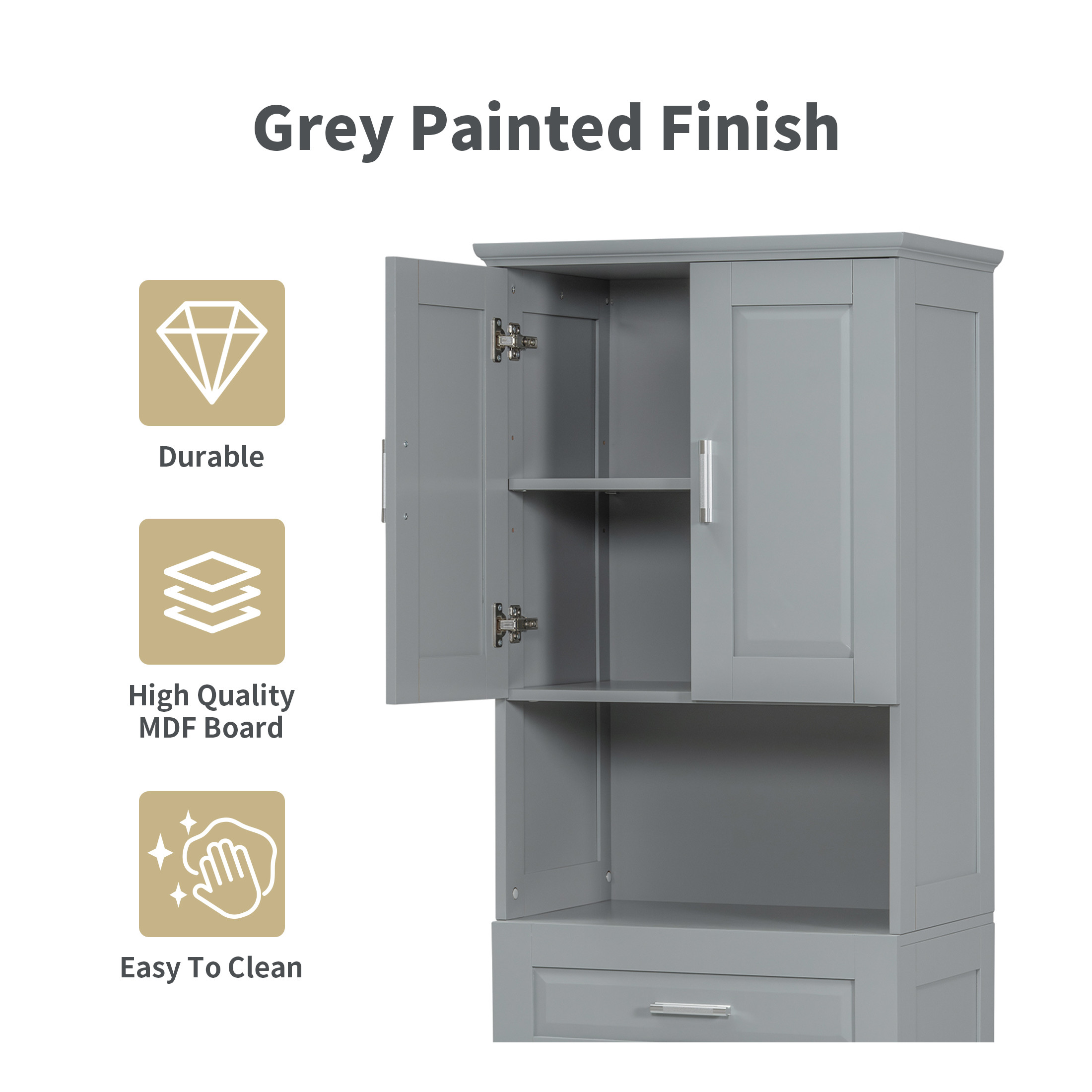 GDF Studio 69.9" Tall Bathroom Storage Cabinet with Tilt-Out Laundry Basket, 2 Doors, 2 Shelves and 1 Drawer, Gray