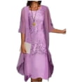 thumbnail image 3 of Vestido midi floral fluido con chaqueta, conjunto de 2 piezas, manga 3/4, vestido de gasa para invitados de boda, cóctel de verano Plus, 3 of 5