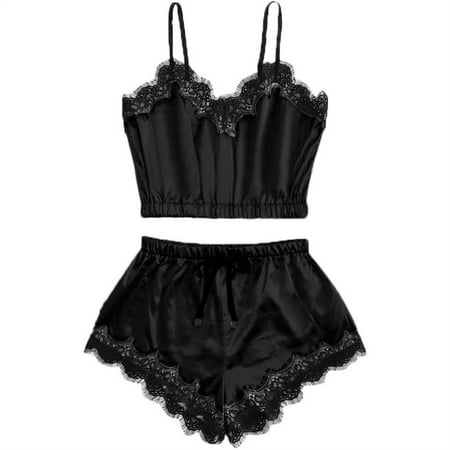 

Knosfe Eyelash Sleepwear Lace Cami Crop Top Pajamas Set for Women Two Piece Satin Pjs XXL