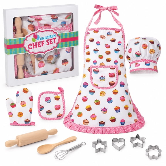 Rirool Kids Baking Set, 11-Piece White Cupcake Print Junior Chef Costume and Pretend Play Kit with Apron, Hat, Oven Mitt, Pot Holder, Whisk, Wooden Utensils and 4 Cookie Cutters, Ages 3-6
