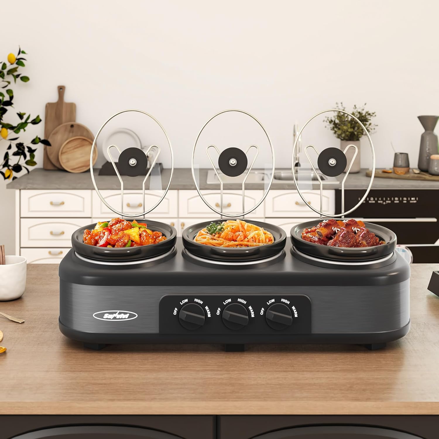 Superjoe Triple Slow Cooker Buffet Servers and Warmer,3 Pot Food Small Mini Manual Slow Cooker with Adjustable Temp Stainless Steel Lid Rests, Removable Ceramic Pot, Grey