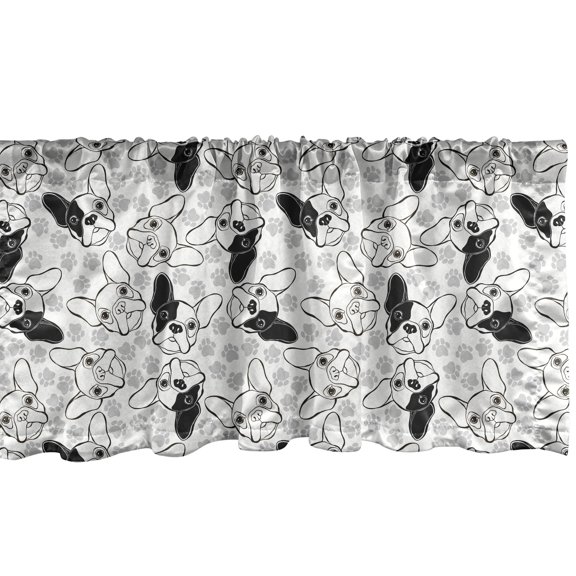 Ambesonne Bulldog Window Valance, Doodle Faces Pawprints, 54" X 12", Pale Grey White